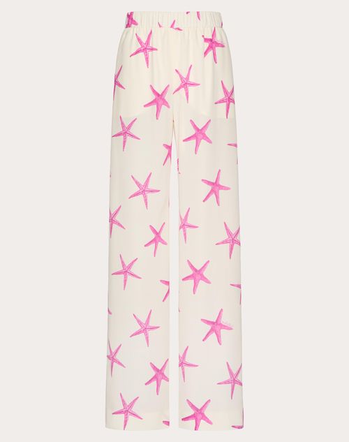 Valentino - Pantalon En Crêpe De Chine Starfish - Ivoire/pink Pp - Femme - Shorts Et Pantalons