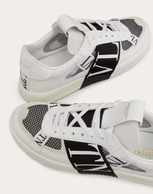 VL7N LOW-TOP BLACK CALFSKIN AND WHITE FABRIC SNEAKER WITH BANDS