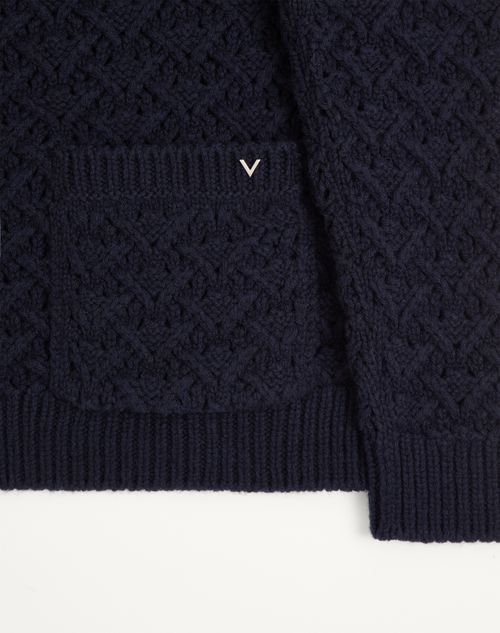 Valentino - Cardigan Valentino In Lana E Cashmere Con V Detail Metallico - Navy - Uomo - Maglieria