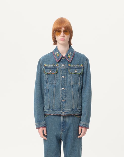 Denim Jacket With Beaded Embroidery And Printed Edges for