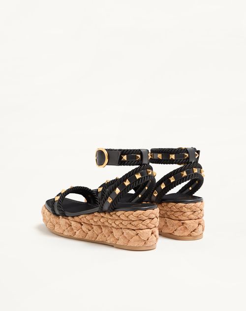 Valentino Garavani - Rockstud Flatform Sandal In Calfskin 60mm - Black/natural - Woman - Espadrilles And Wedges