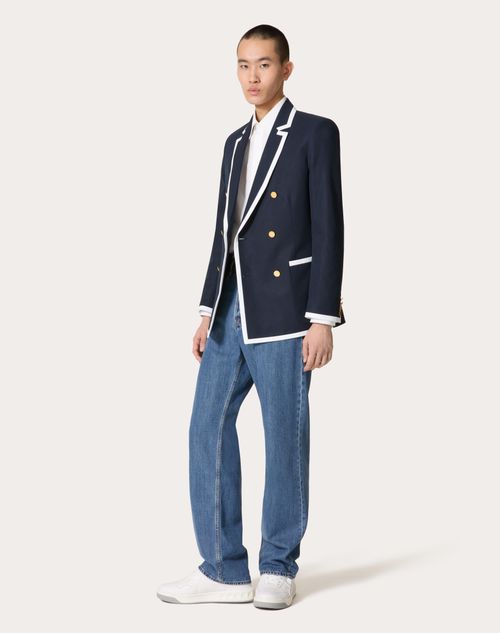 Valentino - Double-breasted Cotton Poplin Jacket Laminated Onto Neoprene - Navy - Man - Coats And Blazers