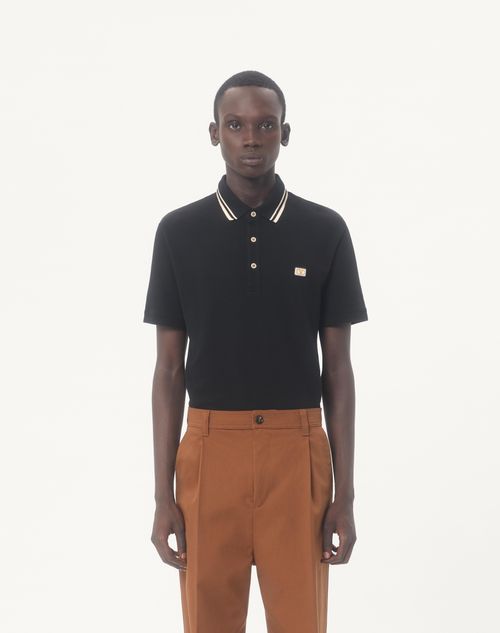 Valentino - Cotton Piqué Polo Shirt With Vlogo Patch - Black - Man - T-shirts And Sweatshirts