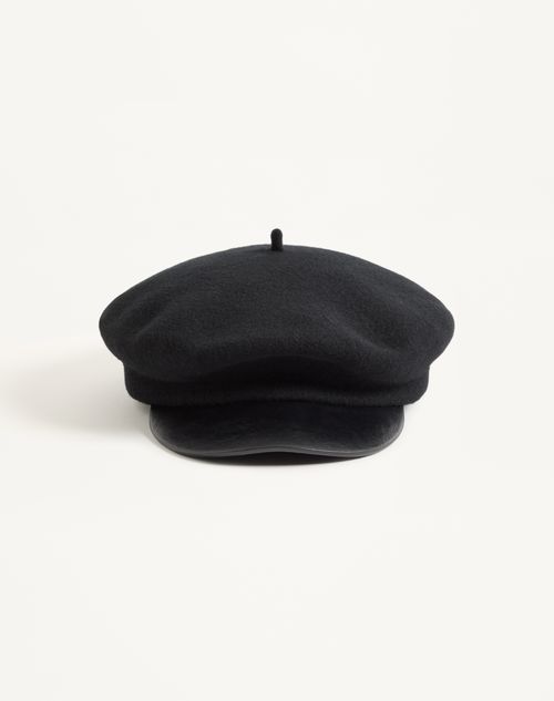 Valentino Garavani - Valentino Garavani Vlogo Signature Wool Beanie With Leather Visor - Black/gold - Woman - Hats And Gloves