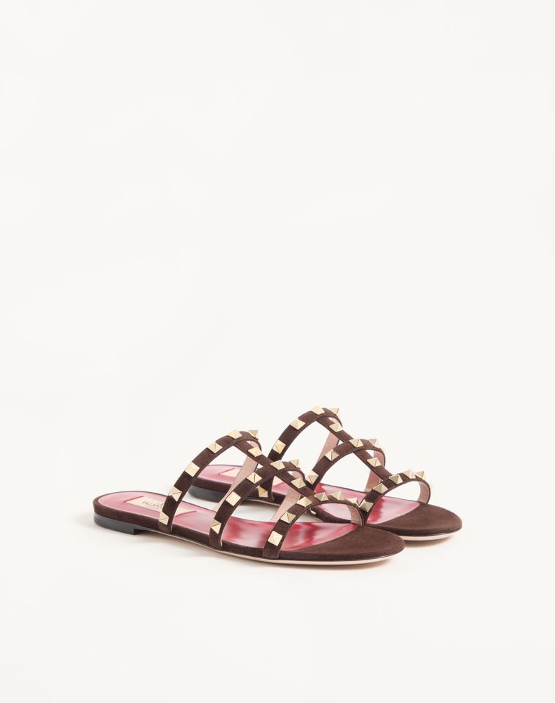 Valentino Garavani Rockstud Slide Sandal In Suede 05Mm Woman Ebony 40.5