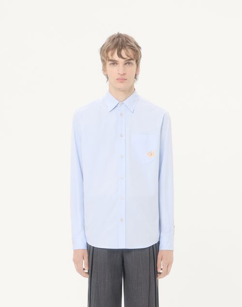 Valentino - Camicia A Maniche Lunghe Valentino In Cotone Oxford Leggero Con Patch Farfalla Ricamata - Azzurro - Uomo - Camicie