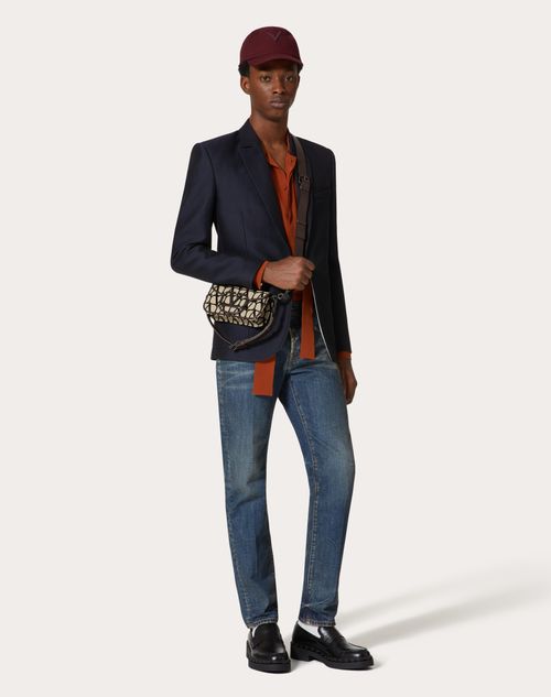 Valentino - Veste Droite En Laine Et Soie Avec Élément V Caoutchouté - Bleu Marine - Homme - Manteaux Et Blazers