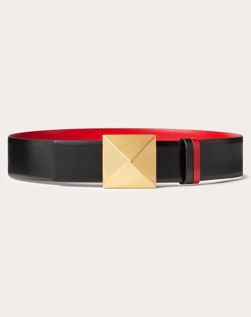 Valentino Garavani - Cinturón Reversible One Stud De Piel De Becerro Brillante De 40 mm - Negro/rouge Pur - Mujer - Accesorios