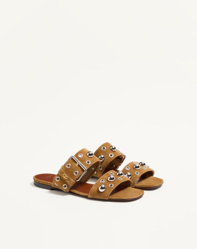 Valentino Garavani Nellcôte Crust Leather Slide Sandal Woman Havana Beige 37
