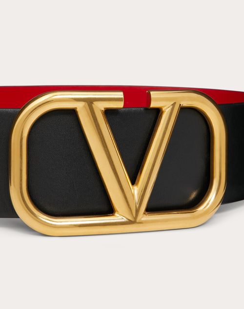 Valentino Garavani - Cinturón Reversible Vlogo Signature De Piel De Becerro Brillante De 70 mm - Negro/rouge Pur - Mujer - Cinturones