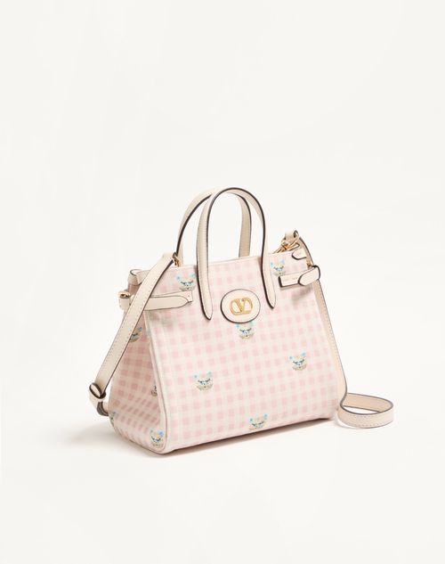 Valentino Garavani - Valentino Garavani Antibes Small Shopping Bag In Vichy Le Chat De La Maison Canvas - Pink/ivory - Woman - Totes