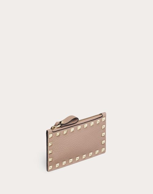 Rockstud Grainy Calfskin Cardholder With Zipper for Woman in Black 