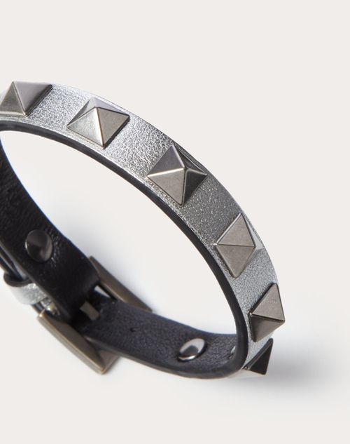Leather Rockstud Bracelet With Antique Silver-finish Studs for Man in Silver/black Valentino US