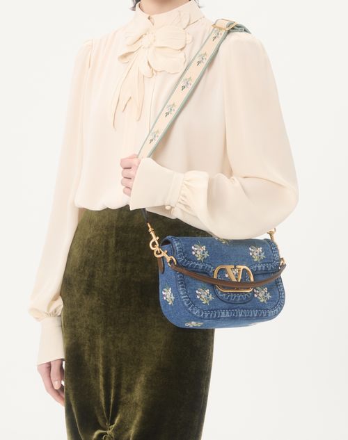Valentino Garavani - Valentino Garavani Alltime Medium Shoulder Bag In Embroidered Denim With Embroidered Ribbon Strap - Denim - Woman - Shoulder Bags