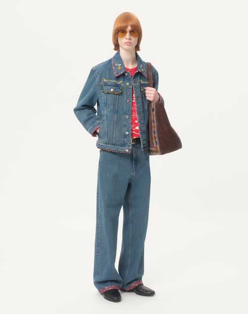 Valentino - Denim Jacket With Beaded Embroidery And Printed Edges - Blue - Man - Shelf - Mrtw - City Attitude W1