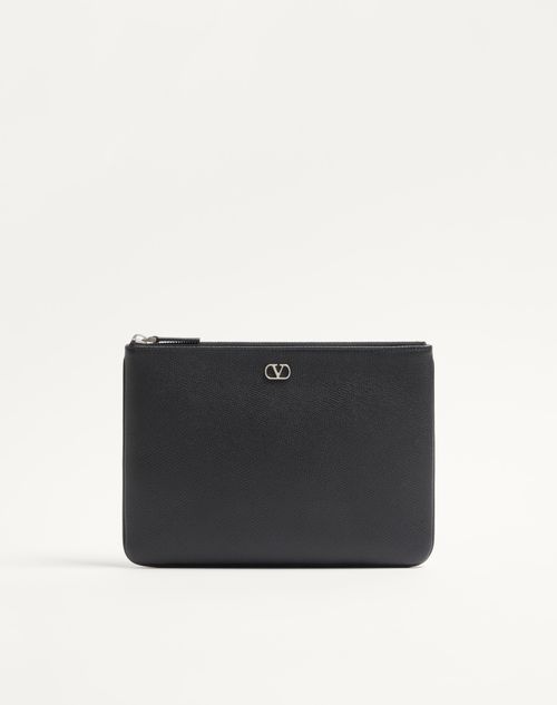 Valentino Garavani - Valentino Garavani Vlogo Signature Grainy Calfskin Pouch - Black - Man - Clutches And Pouches