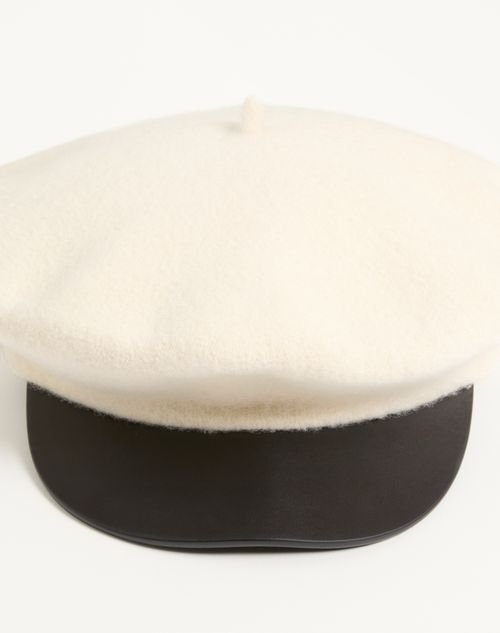 Valentino Garavani - Valentino Garavani Vlogo Signature Wool Beanie With Leather Visor - Ivory - Woman - Hats And Gloves