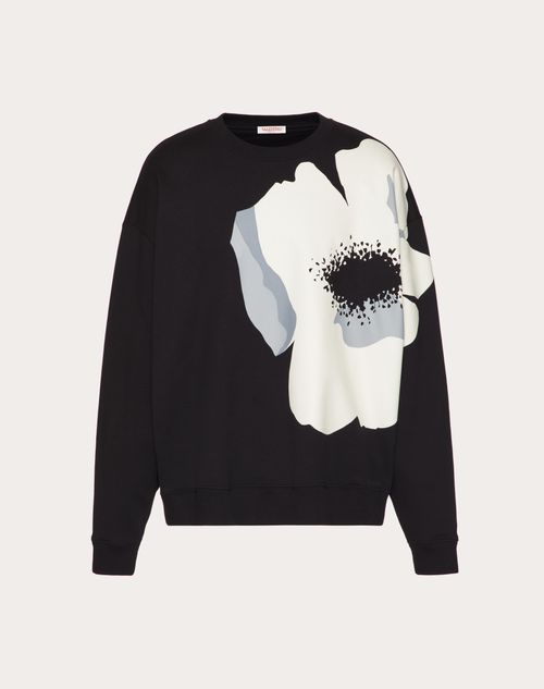 Valentino - Cotton Crewneck Sweatshirt With Valentino Flower Portrait Print - Black/grey/ivory - Man - Tshirts And Sweatshirts