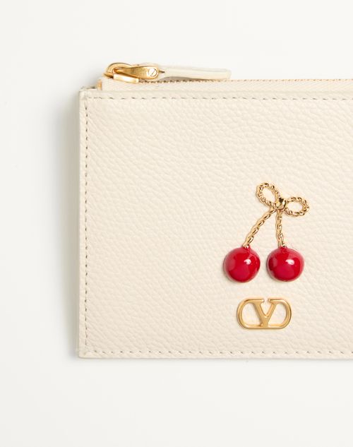 Valentino Garavani - Tarjetero Cherryfic De Cuero Graneado De Becerro - Marfil Pálido - Mujer - Carteras Y Pequeña Marroquinería