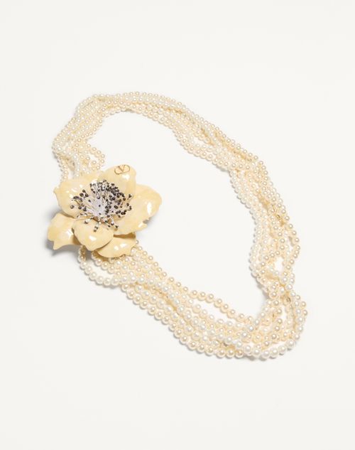Valentino Garavani - Valentino Fleur Lumineuse Necklace In Metal, Enamel, Pearls And Fabric - Gold/cream - Man - Jewellery