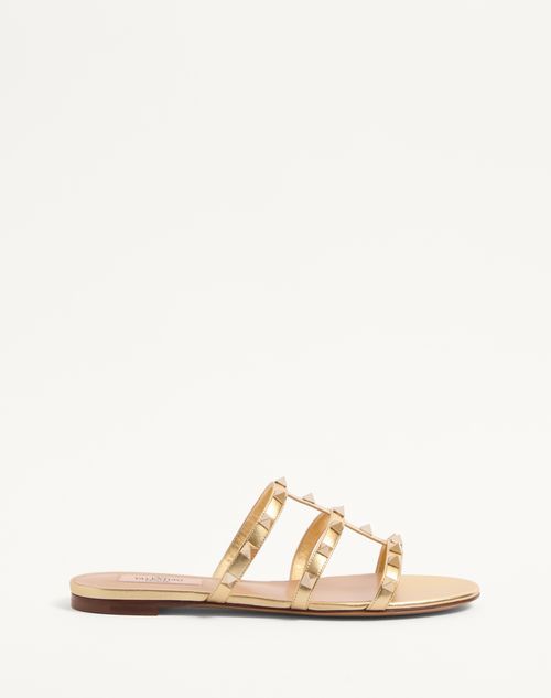 Valentino Garavani - Rockstud Laminated Nappa Slide Sandal - Antique Brass - Woman - Slides And Thongs