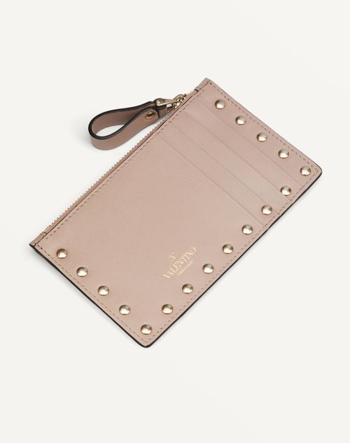 Rockstud Calfskin Cardholder With Zipper for Woman in Black 