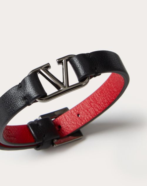 Valentino Garavani - Bracelet Vlogo Signature En Cuir - Noir/rouge Pur - Homme - Bijoux Et Montres