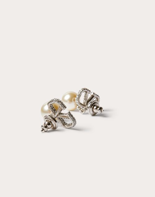 Valentino Garavani - Vlogo Signature Metal Earrings With Crystals And Pearls In Swarovski® Crystal - Palladium/cream/crystal - Woman - Jewellery