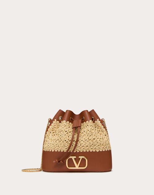 Valentino Garavani - Mini Raffia Bucket Bag With Vlogo Signature Chain - Natural/saddle Brown - Woman - Shelf - W Bags - Summer Bags