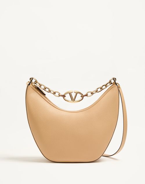 Valentino Garavani - Vlogo Moon Medium Grainy Calfskin Hobo Bag With Chain - Cappuccino - Woman - Shoulder Bags