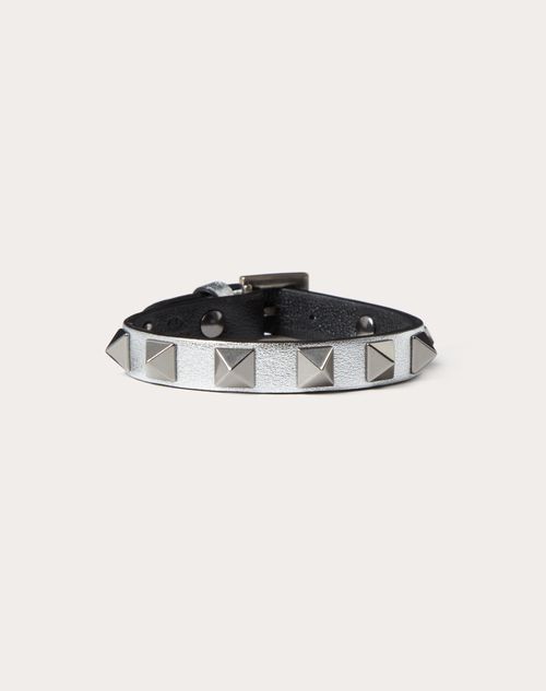 Leather Rockstud Bracelet With Silver-finish Studs for Man in Silver/black | Valentino BH