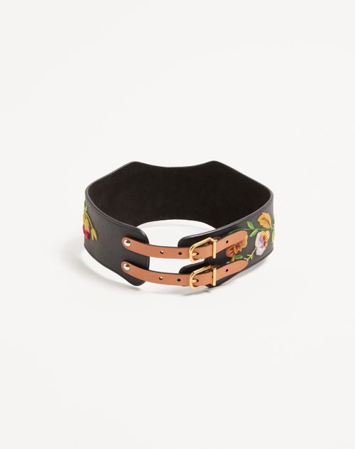 Valentino Garavani - Leather Belt With Floral Motif Embroidery 95 Mm - Multicolor - Woman - Woman
