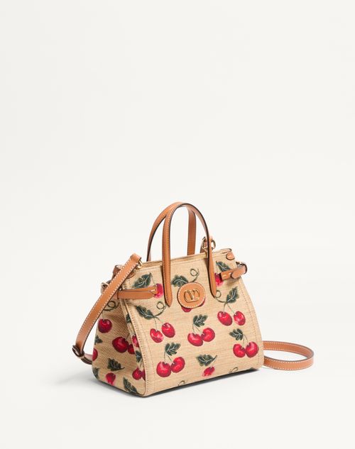 Valentino Garavani - Valentino Garavani Antibes Small Shopping Bag In Synthetic Jacquard Raffia With Cherryfic Pattern - Natural/red - Woman - Bags