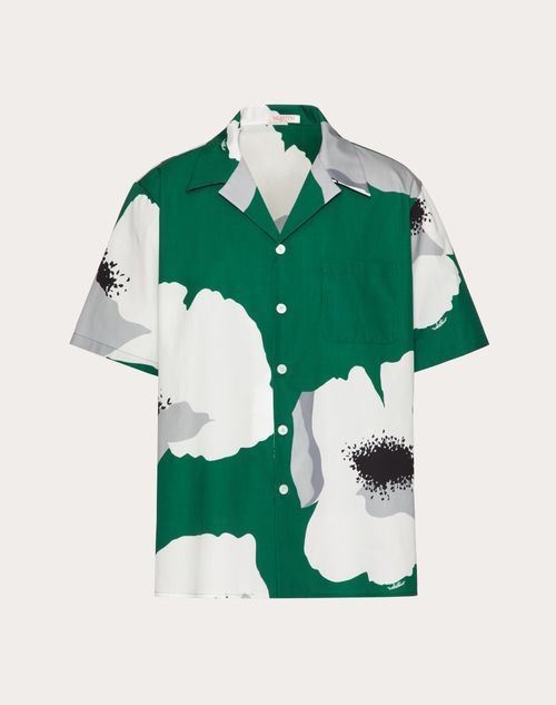 Valentino - Cotton Poplin Bowling Shirt With Valentino Flower Portrait Print - Emerald/white - Man - Ready To Wear