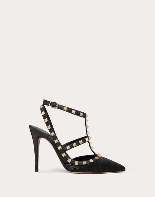 Valentino Garavani - Satin Rockstud Pump With All-over Tubes Embroidery And Straps 100mm - Black - Woman - Woman Shoes Private Promotions