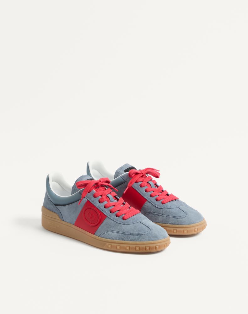 Valentino Garavani Upvillage Low Top Trainer In Split Leather And Calfskin Nappa Leather Man Grey/Coral/Black 45