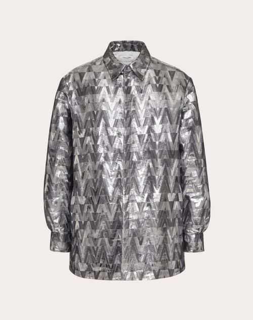 Valentino - Viscose Lamé Overshirt With Silver Optical Valentino Print - Silver - Man - Man Ready To Wear Sale