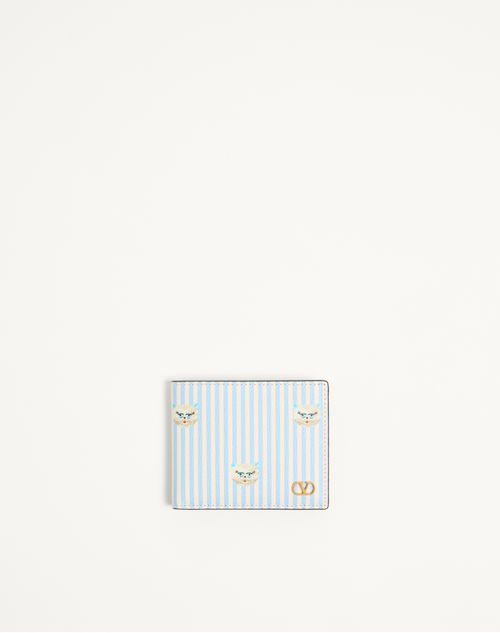 Valentino Garavani - Portefeuille Valentino Garavani Vlogo Signature En Cuir De Veau Grainé À Imprimé Le Chat De La Maison - Bleu D'azur/ivoire - Homme - Portefeuilles Et Petite Maroquinerie