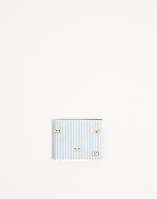 Valentino Garavani - Valentino Garavani Vlogo Signature Wallet In Grainy Calfskin With Le Chat De La Maison Print - Azure/ivory - Man - Wallets And Small Leather Goods