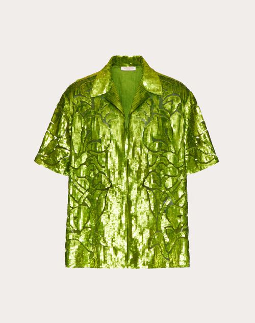 Valentino - Nylon Bowling Shirt With Sequins And Floral Cut-out Embroidery - Lime - Man - Man Sale