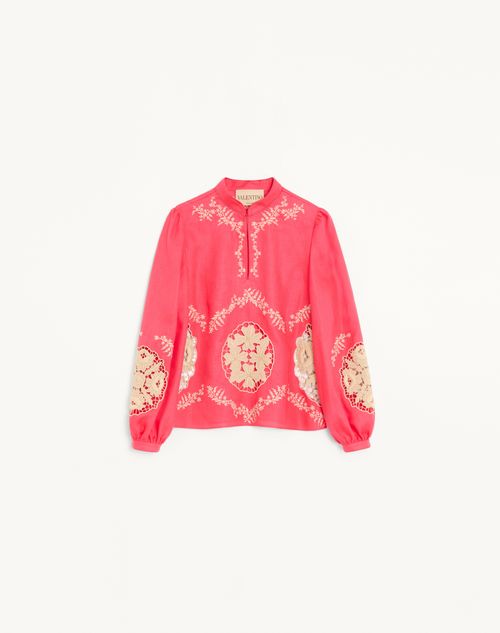 Valentino - Top In Couture Linen Ricamato - Corallo/beige - Donna - Camicie E Top