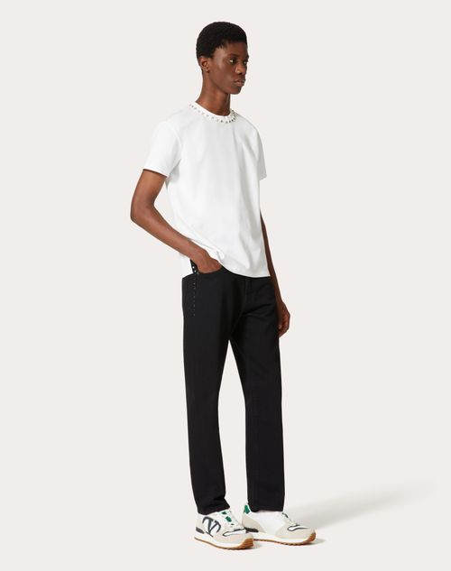Valentino - Cotton Crewneck T-shirt With Black Untitled Studs - White - Man - T-shirts And Sweatshirts