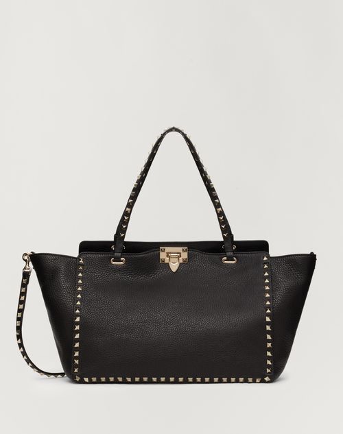 Valentino Garavani - Sac De Taille Moyenne Rockstud En Veau Grainé - Noir - Femme - Cabas