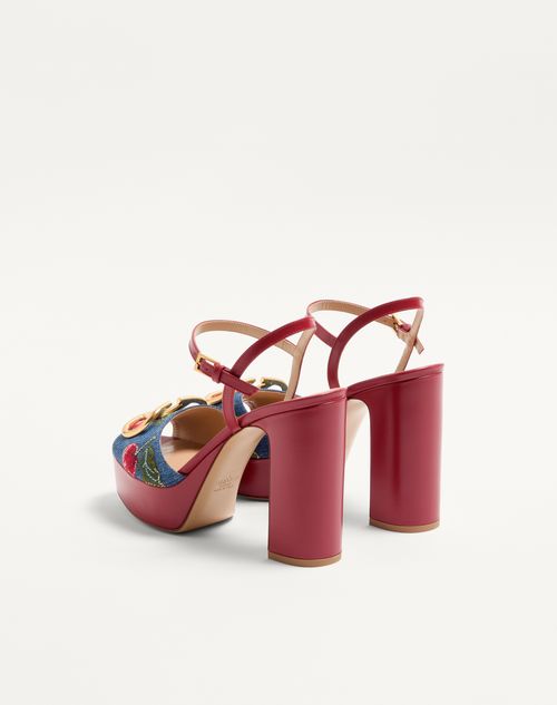 Valentino Garavani - Vlogo Signature Platform Denim Sandal With Cherryfic Embroidery 115mm - Denim/multicolour - Woman - Sandals