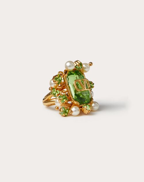 Valentino Garavani - Vlogo Signature Metal Ring With Pearls And Crystals E-commerce Exclusive - Gold/green - Woman - Jewelry