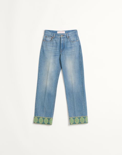 Valentino - Denim Trousers With Jacquard Trims - Blue - Woman - Denim