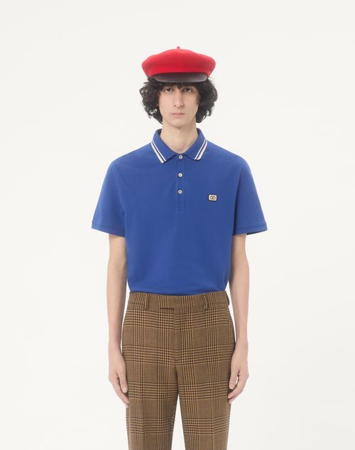 Valentino - Cotton Piqué Polo Shirt With Vlogo Patch - Blue - Man - T-shirts And Sweatshirts