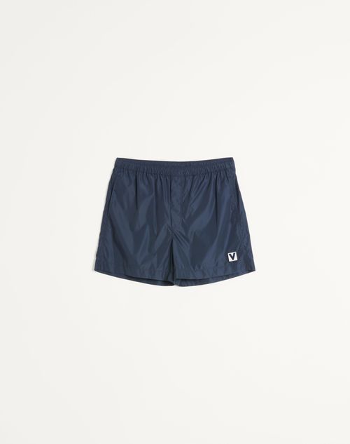 Valentino - Nylon Swimsuit With Chez Valentino Patch - Blue - Man - Beachwear