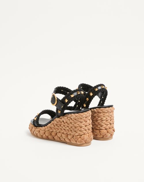 Valentino Garavani - Rockstud Wedge In Calfskin 100mm - Black/natural - Woman - Espadrilles And Wedges