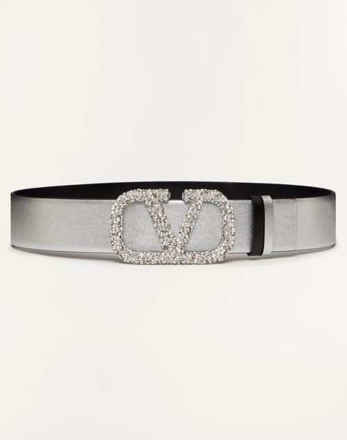 Valentino Garavani - Reversible Vlogo Signature Belt In Metallic Calfskin 40 Mm - Silver/black - Woman - Belts